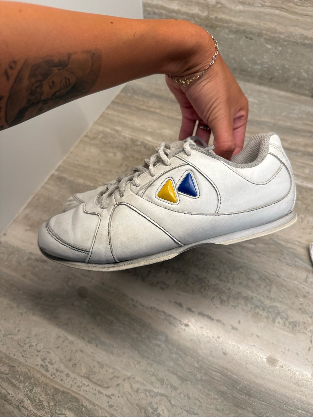 Kids White Cheer Sneakers with Blue & Yellow Triangle Accents